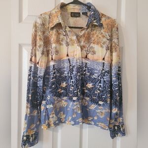 Funky Pattern Scenic Print Button-Up Shirt